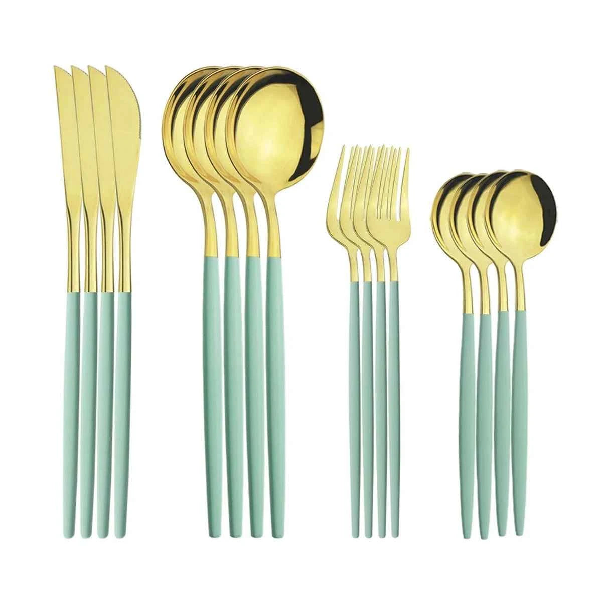 Détail des 16 pièces de la ménagère vert menthe et argent : vue d'ensemble des couteaux, grandes cuillères, fourchettes et petites cuillères sur fond blanc.