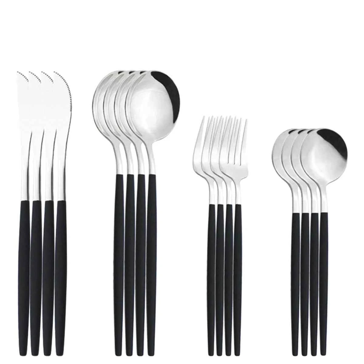 Ensemble de couverts 16 pièces avec manches noirs mats et têtes en acier inoxydable argenté, présentés par groupes de couteaux, fourchettes et cuillères