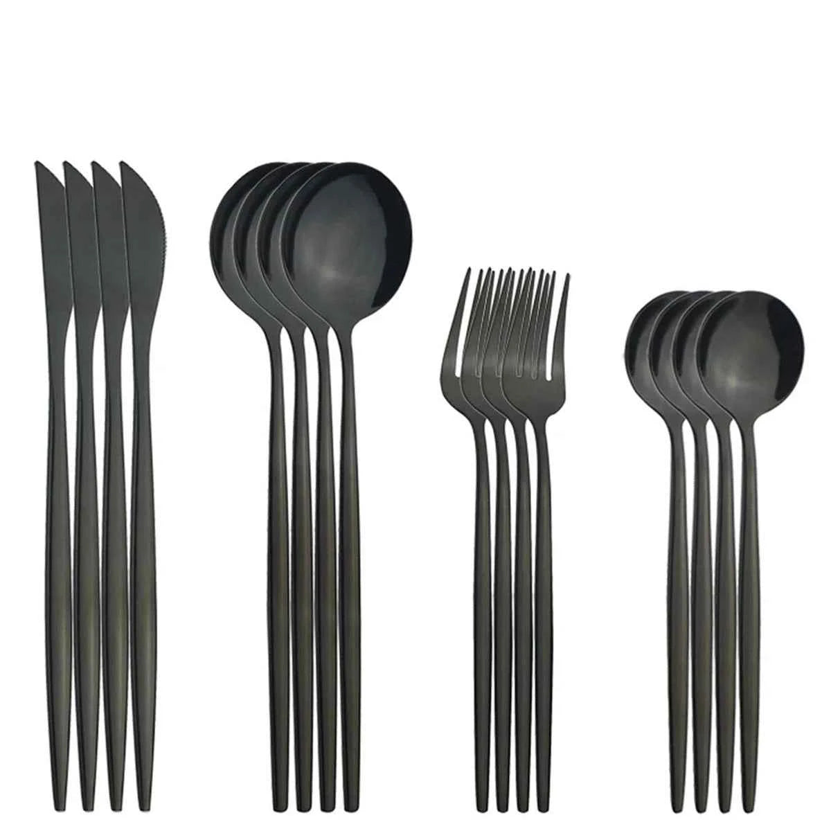 Set de 16 couverts élégants en acier inoxydable noir mat, comprenant couteaux, fourchettes, cuillères à soupe et cuillères à café alignés sur fond blanc