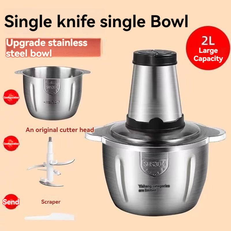 Mini robot hachoir électrique de cuisine avec grand bol en acier inoxydable de 2L et double paire de lames.