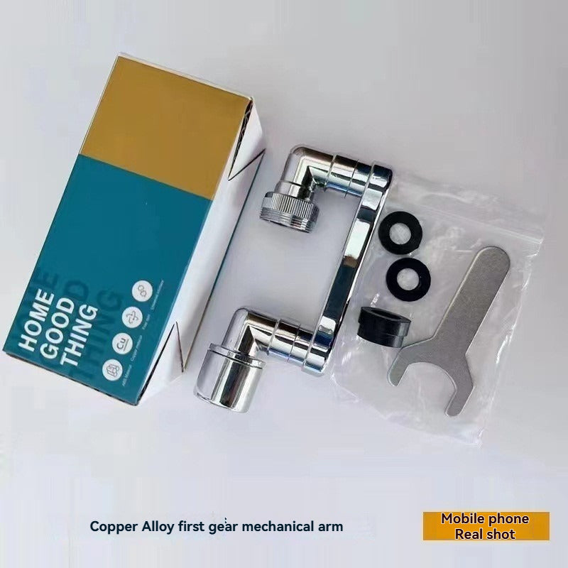 Kit d'installation pour bras de robinet articulé FlexiFlow chromé avec accessoires et boîte d'emballage.
