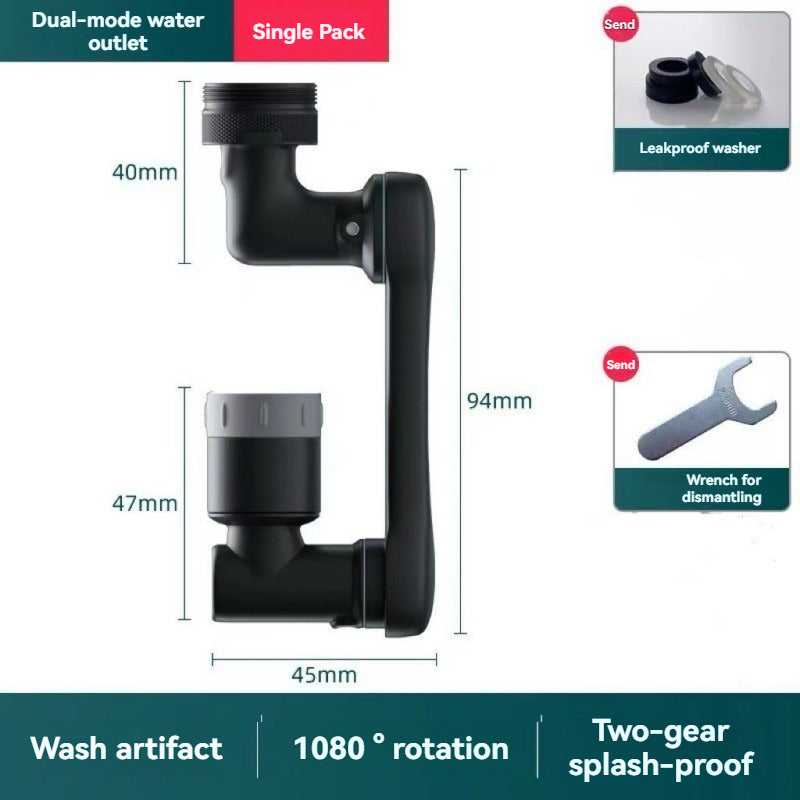 Rallonge de robinet noire articulée FlexiFlow à 1080 degrés avec deux modes de jet d'eau et ses accessoires.