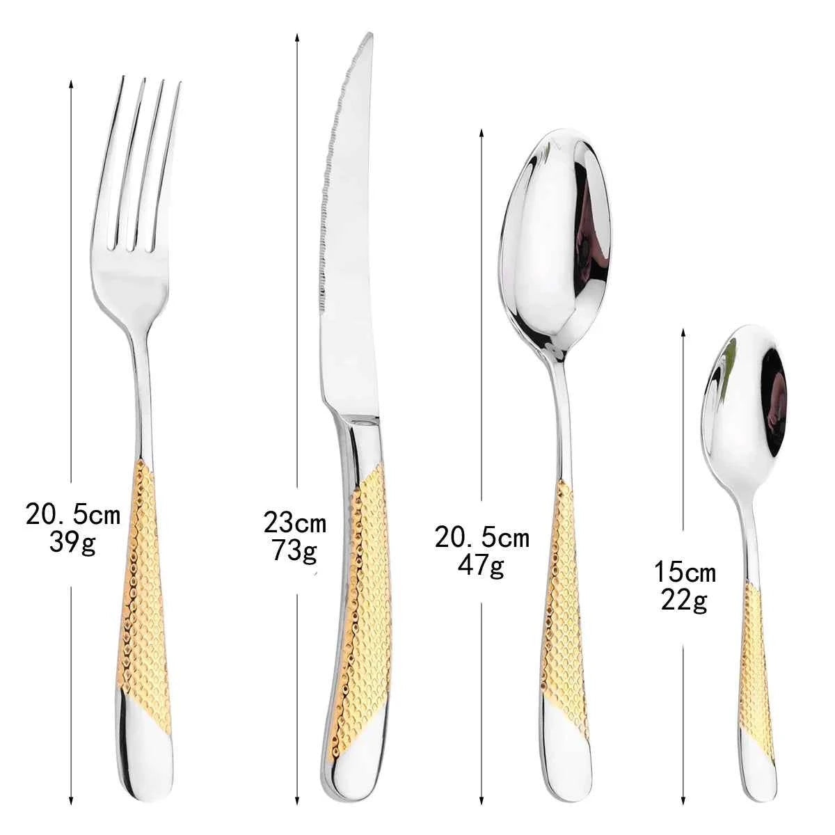 Dimensions et poids des couverts 24 pièces : couteau (23cm, 73g), fourchette et cuillère à soupe (20,5cm), et petite cuillère (15cm) avec têtes dorées