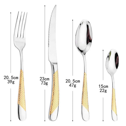 Dimensions et poids des couverts 24 pièces : couteau (23cm, 73g), fourchette et cuillère à soupe (20,5cm), et petite cuillère (15cm) avec têtes dorées