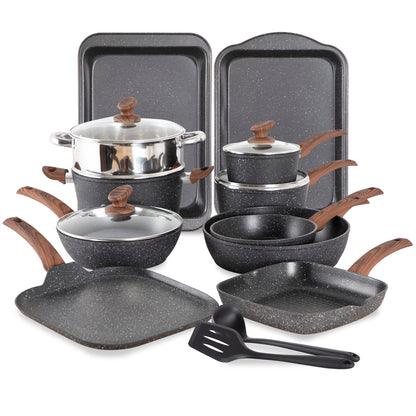 MAISON ARTS Set de 17 Pièces de Casseroles et Poêles Antiadhésives en Pierre Granitique pour Cuisinières à Induction, Noir