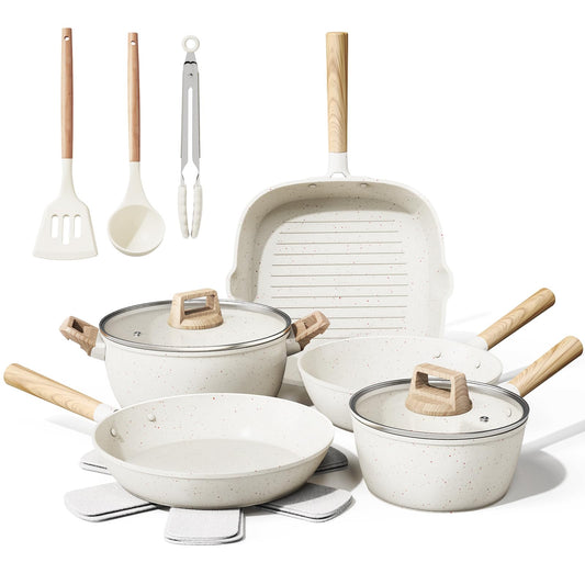 Ensemble de Casseroles et Poêles Bazova 14 Pièces en Céramique Antiadhésive de Grande Capacité avec Ustensiles, Santé et Non Toxique, Compatible Induction, Sans PTFE/PFAS/PFOA, Blanc Crème