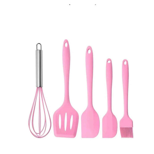 Set de 5 accessoires de pâtisserie en silicone rose : fouet, pinceau, spatule et maryse pour la préparation de gâteaux.