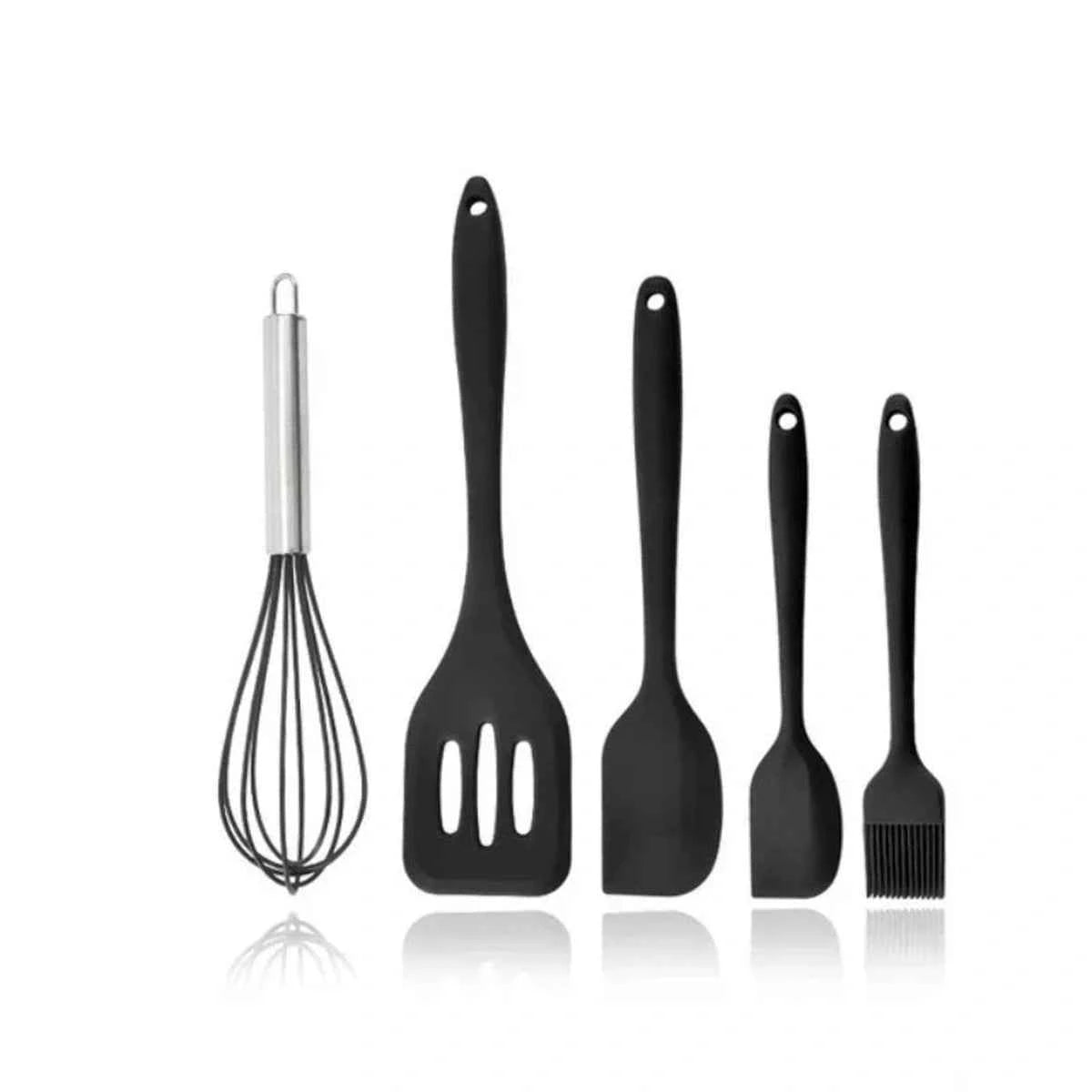 Kit d'ustensiles de cuisine 5 pièces en silicone noir résistant à la chaleur, idéal pour la pâtisserie et le mélange délicat.