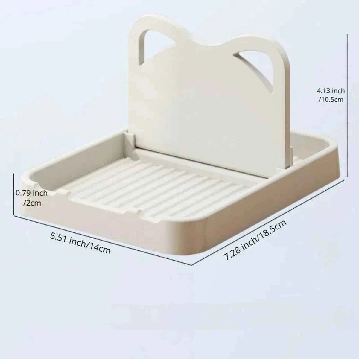 Schéma des dimensions du support de couvercle chat : 18,5cm de longueur, 14cm de largeur et 10,5cm de hauteur une fois ouvert.