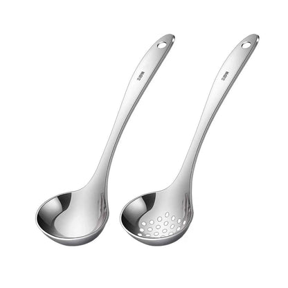 Duo de service luxe en acier inoxydable 304 : une louche à soupe et une écumoire de 23cm avec finition poli miroir
