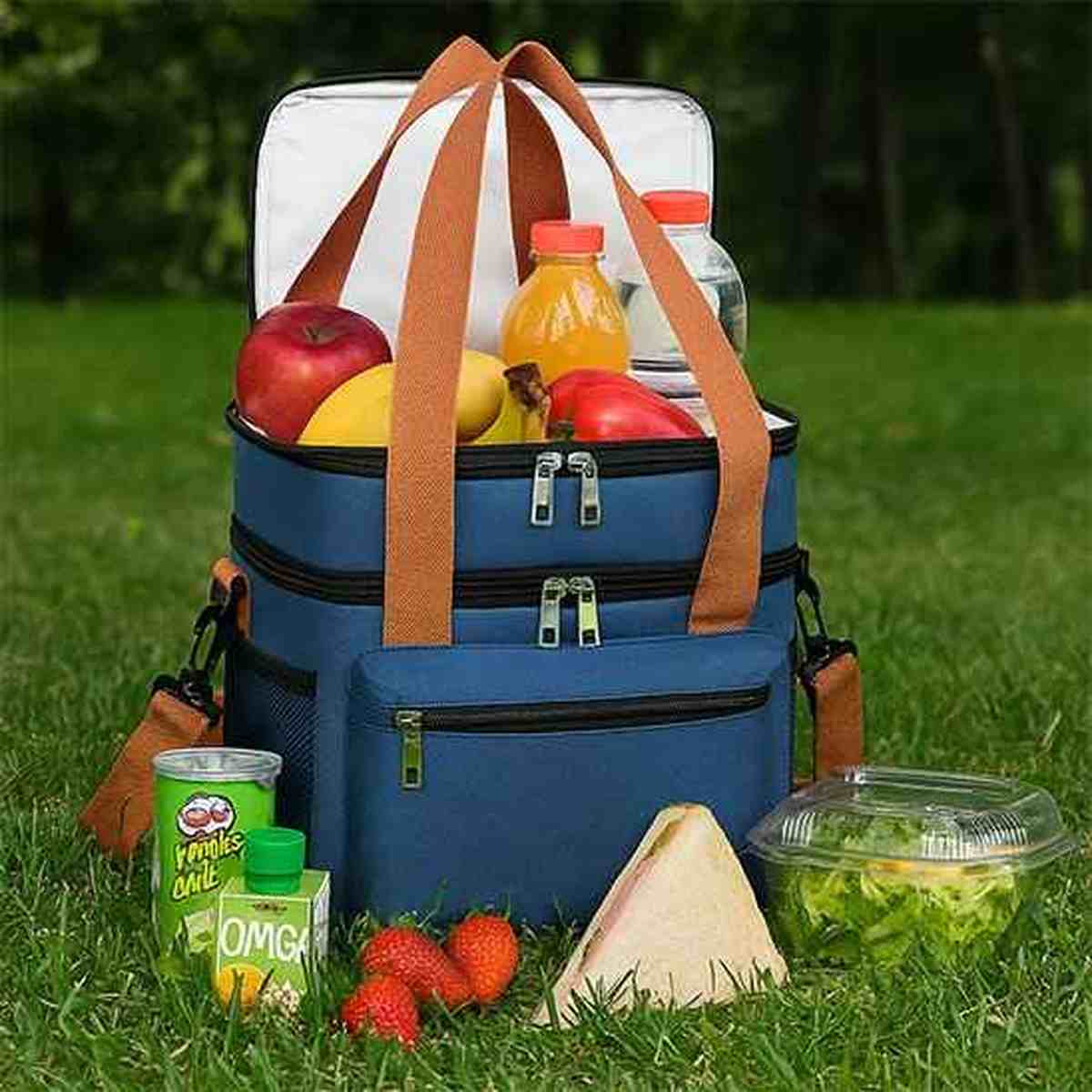 Sac isotherme bleu à double compartiment pour pique-nique, avec bouteilles, fruits et repas sur l'herbe - Get Cuisine Shop