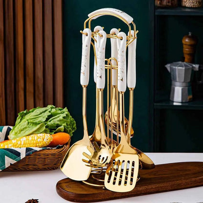 Set Ustensiles Cuisine 7pcs | Acier Inox Manche Céramique
