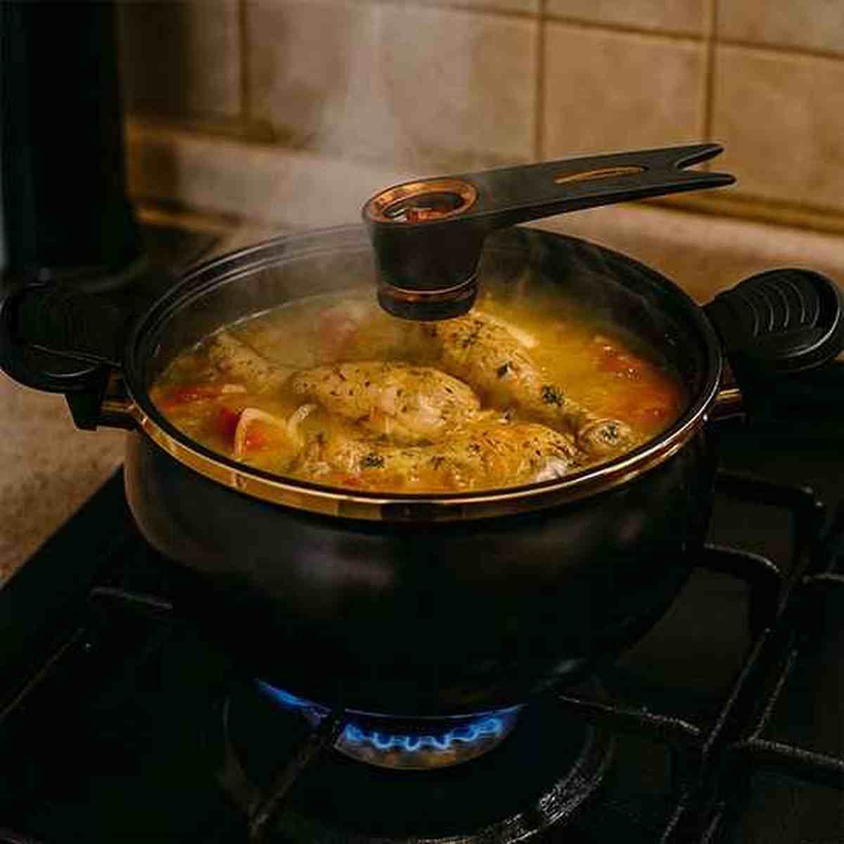 Vue rapprochée de l'autocuiseur à micro-pression noir sur une cuisinière à gaz, contenant un poulet entier et des légumes mijotant dans un bouillon doré.