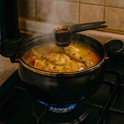 Vue rapprochée de l'autocuiseur à micro-pression noir sur une cuisinière à gaz, contenant un poulet entier et des légumes mijotant dans un bouillon doré.