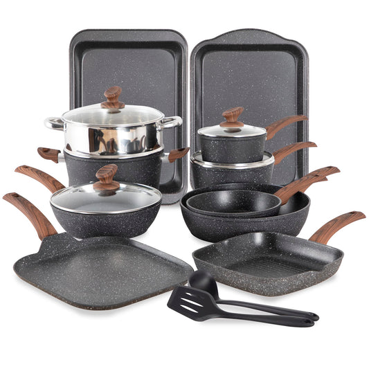MAISON ARTS Set de 17 Pièces de Casseroles et Poêles Antiadhésives en Pierre Granitique pour Cuisinières à Induction, Noir