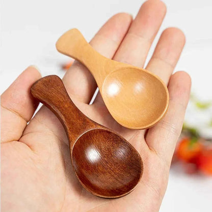 Main tenant deux mini cuillères de dosage en bois pour montrer la taille compacte et les deux finitions disponibles : bois naturel et marron foncé