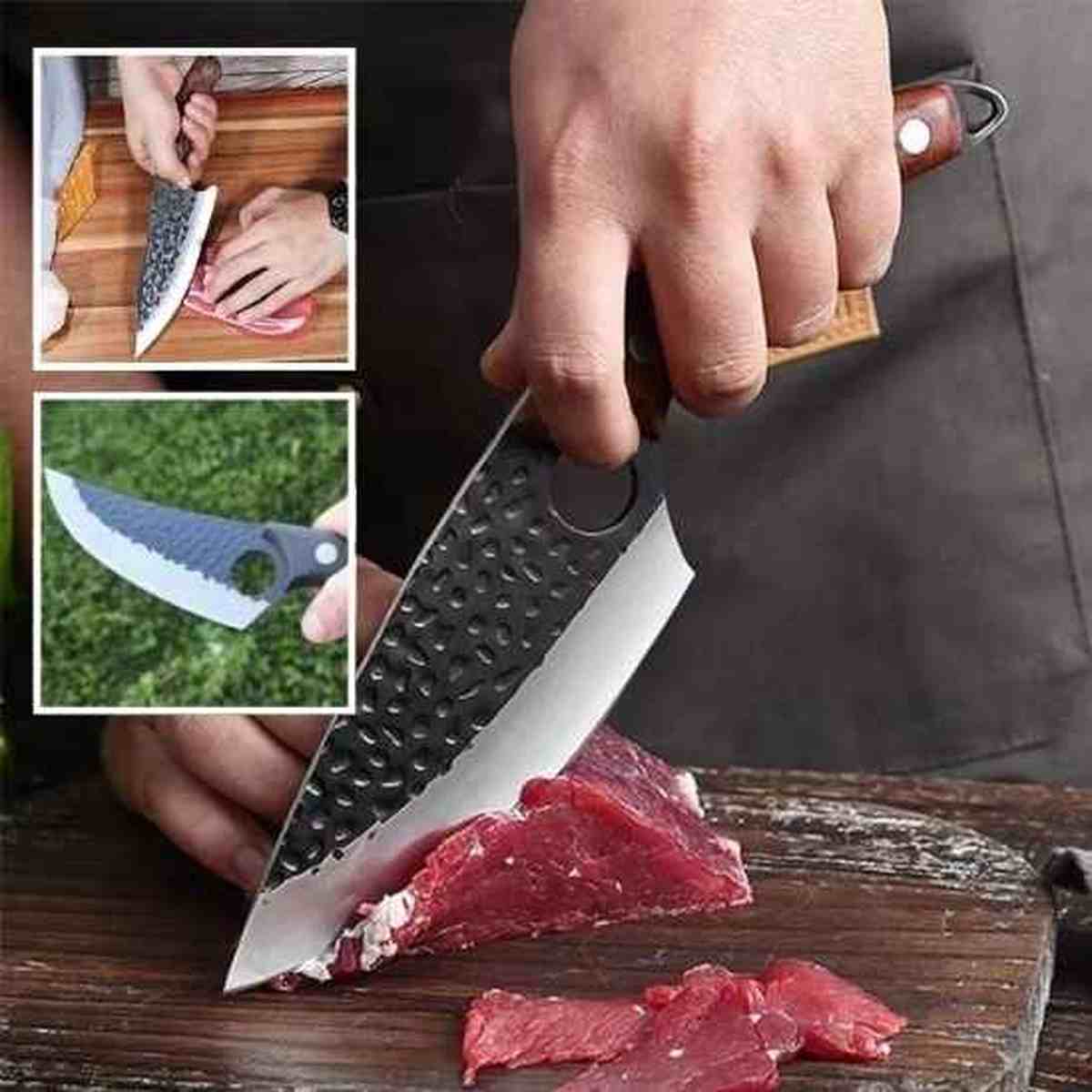 Couteau Ultra-Cut en action tranchant finement une pièce de bœuf sur une planche en bois, illustrant sa lame ultra-affûtée