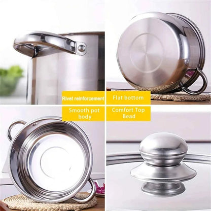 Vue détaillée des finitions de la casserole inox : rivets renforcés, fond plat pour induction et bord verseur précis.