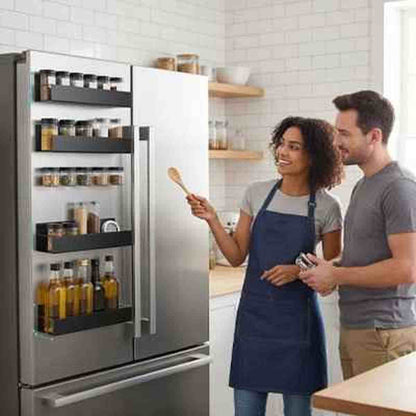 Étagère à épices murale noire OrganizeCuisine installée dans une cuisine moderne avec couple préparant un repas.