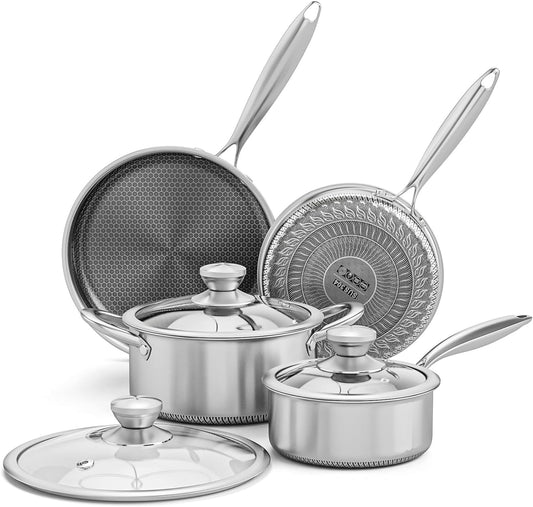 AuFranc® Set de Casseroles et Poêles en Acier Inoxydable Hybride Antiadhésives Compatible Induction avec Couvercles en Verre Trempé, Ensemble de Casserole et Poêle Non-adhérent Adapté pour Tous Types de Feux, Non-Toxique, Adapté au Lave-vaisselle et au Fo