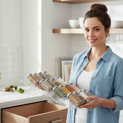 Femme tenant un organisateur d'épices transparent OrganiFlex rempli de flacons au-dessus d'un tiroir de cuisine.