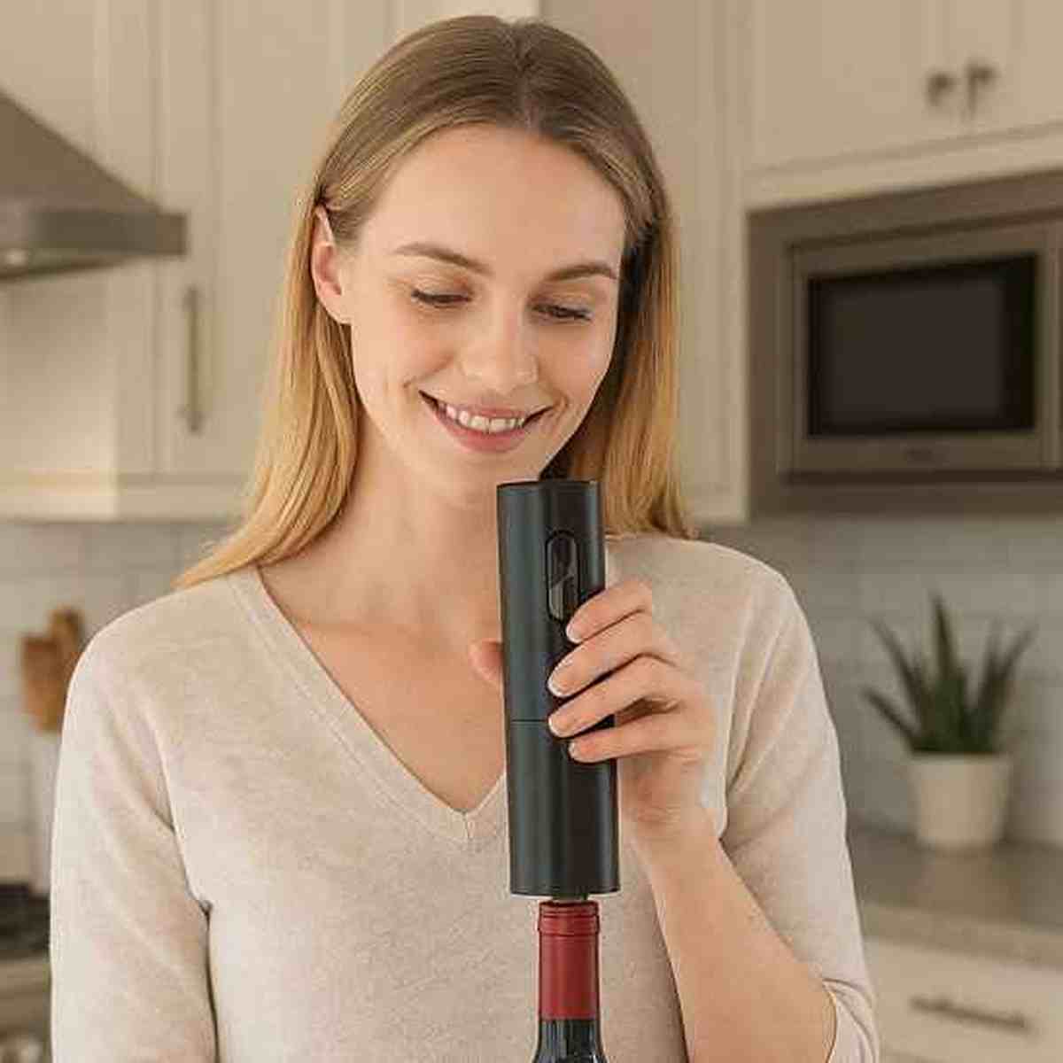 Portrait d'une femme souriante ouvrant une bouteille de vin rouge avec le tire-bouchon électrique noir automatique dans une cuisine lumineuse.