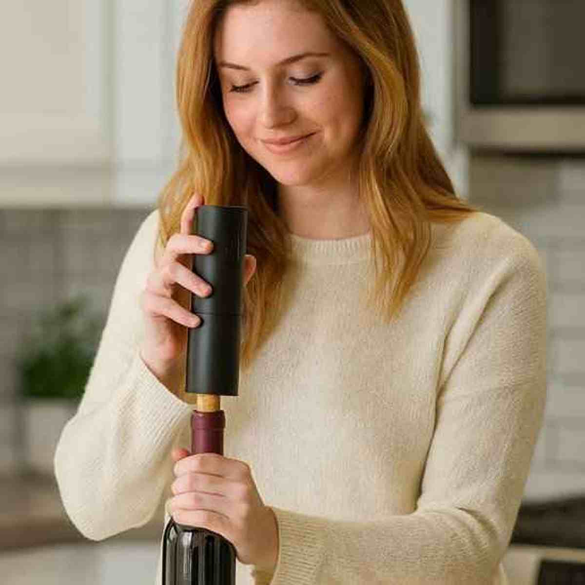 Jeune femme utilisant le tire-bouchon électrique noir pour ouvrir une bouteille de vin sans effort dans une cuisine moderne.